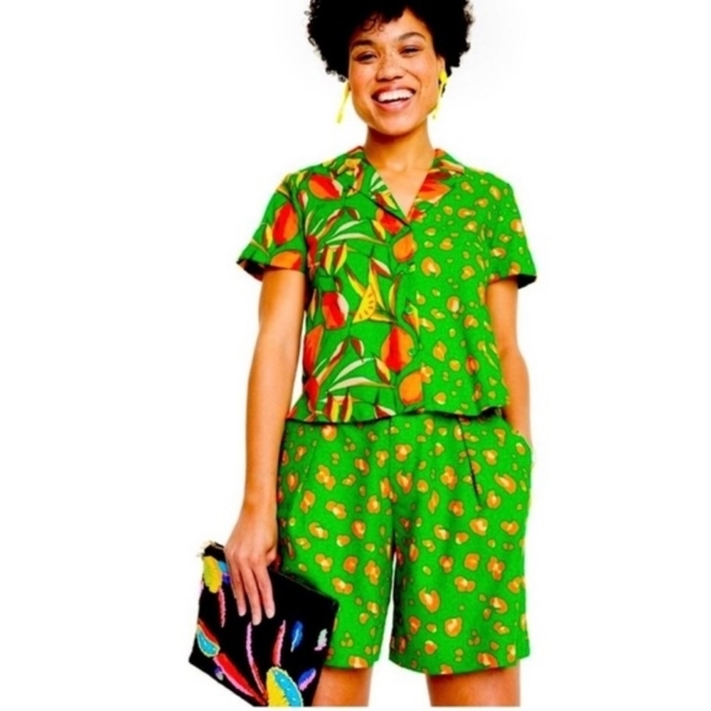 Tabitha Brown Vibrant Green and Orange Patterned Shirt and Shorts Set - Picture 4 of 8
